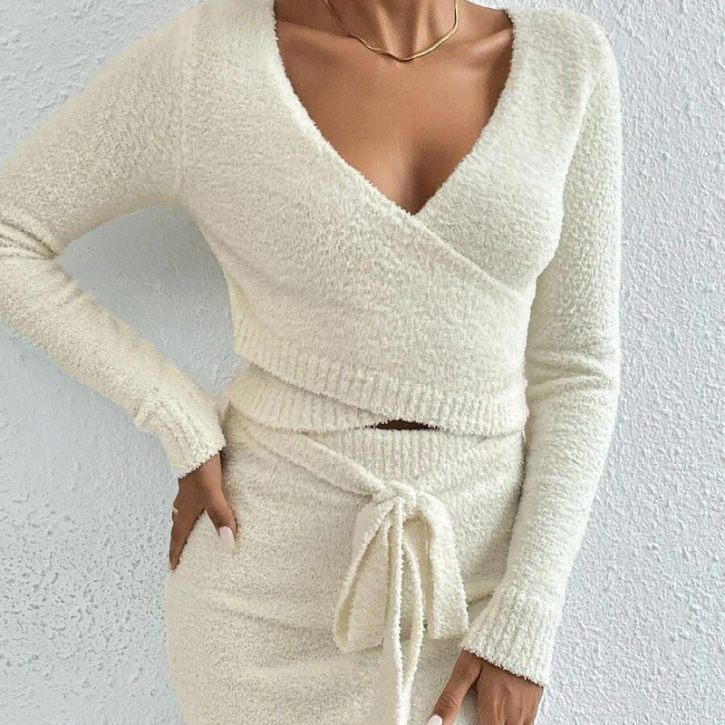 Women's Knitted Solid Color Top Sweater Dress Two-piece Set