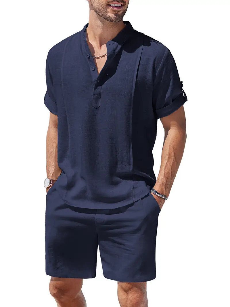 Men's 2 Pieces Linen Set Short Sleeve And Shorts Outfit