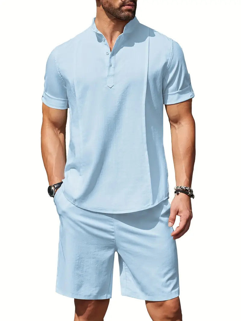 Men's 2 Pieces Linen Set Short Sleeve And Shorts Outfit