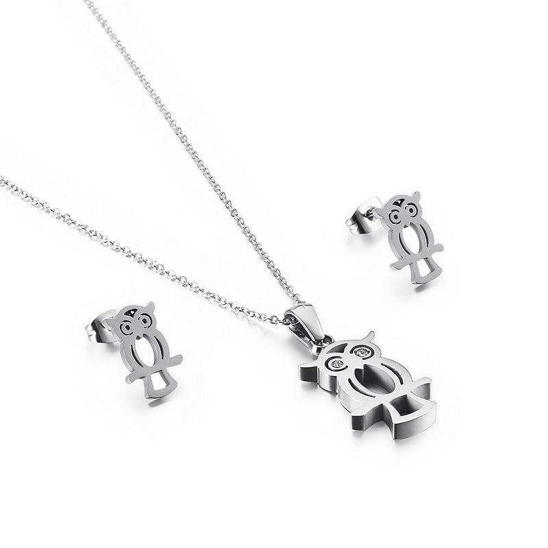 Owl Necklace and Stainless Steel Earring Set