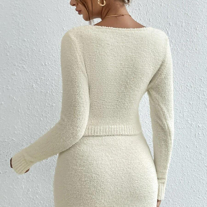 Women's Knitted Solid Color Top Sweater Dress Two-piece Set