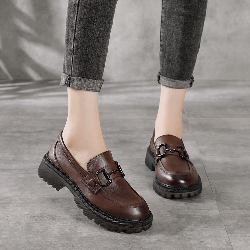 Womens LeatherThick Heel Loafers