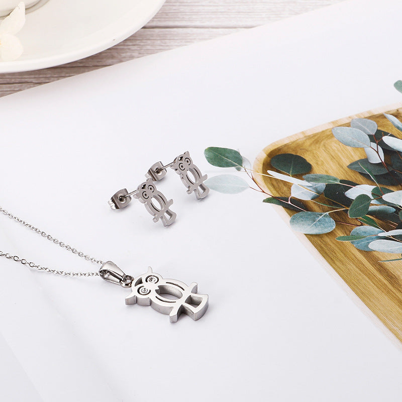 Owl Necklace and Stainless Steel Earring Set