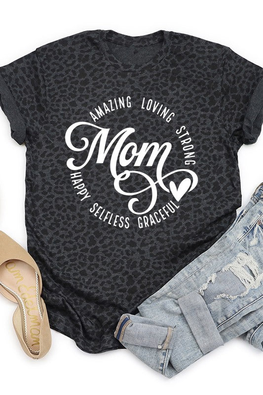 Mom Amazing Loving Strong Leopard Graphic Tee