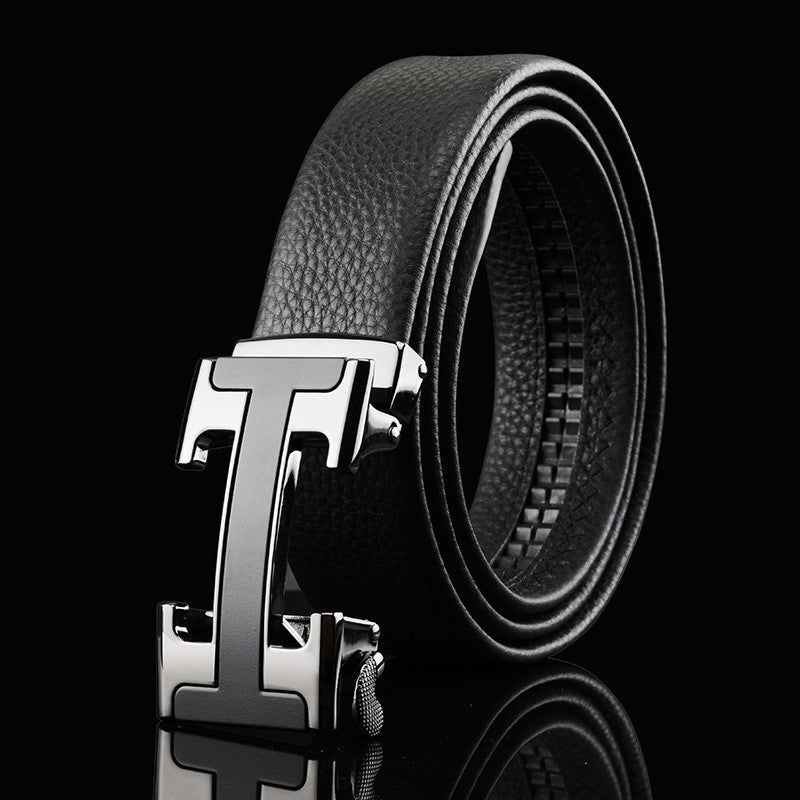 Automatic buckle men's leather belt