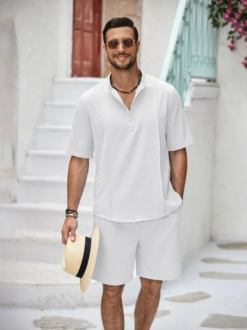 Men's 2 Pieces Linen Set Short Sleeve And Shorts Outfit