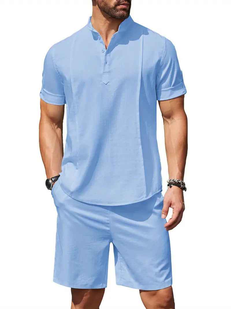 Men's 2 Pieces Linen Set Short Sleeve And Shorts Outfit