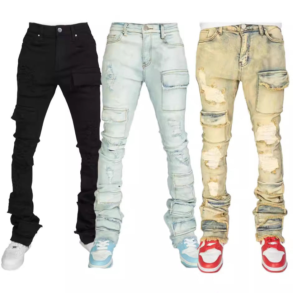 Men's Denim Straight-leg Overalls European And American Fashion Stretch Ripped Laminated Micro-pull Pants