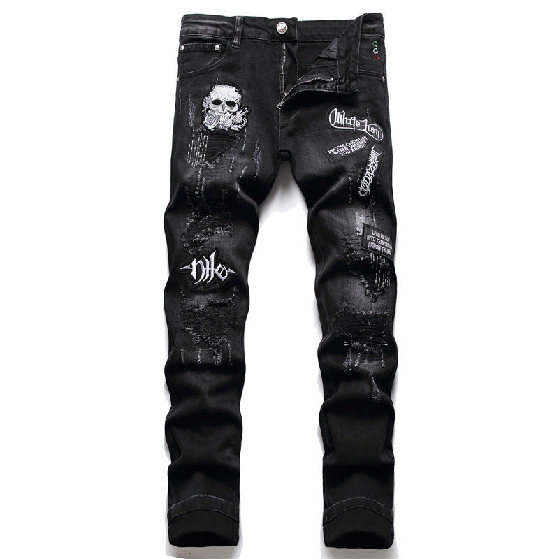 Black Slim-fit Skull Ripped High Street Jeans