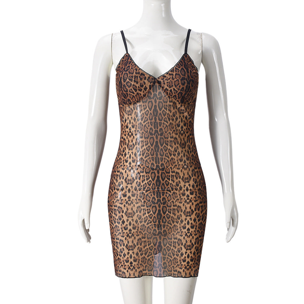 Slim Fit Leopard Print V-neck Sling Mini Dress