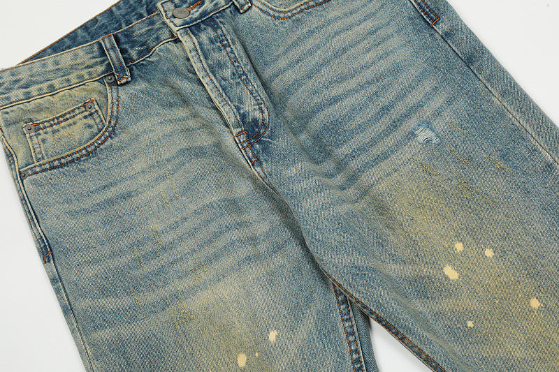 High Street Hole Splash-ink Straight Slightly Flared Washed Worn Jeans