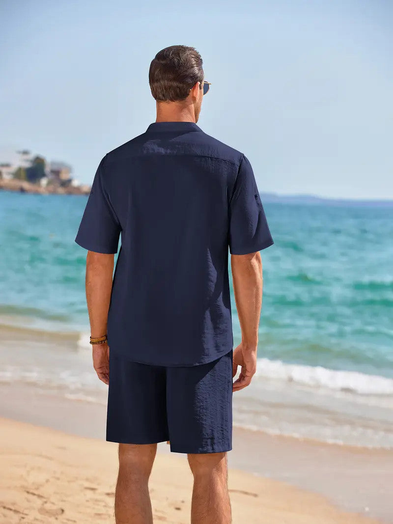 Men's 2 Pieces Linen Set Short Sleeve And Shorts Outfit