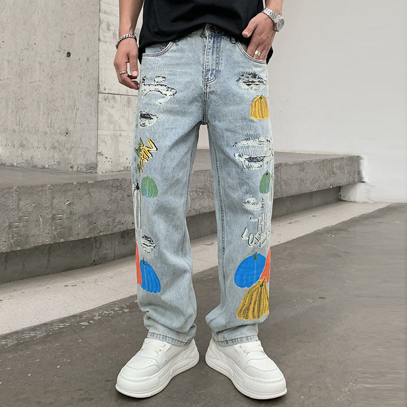 Jeans Fashion Print Loose Straight Trousers