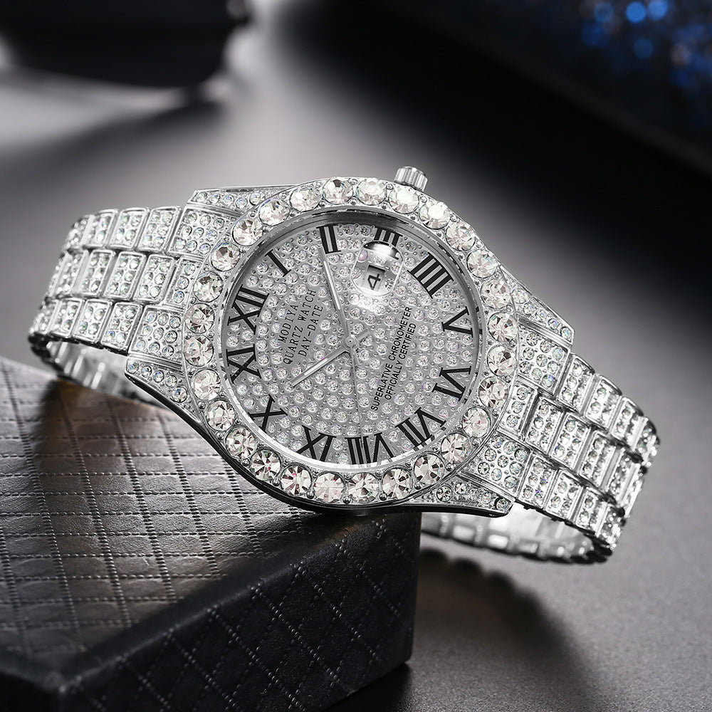 Full Diamond Surface Roman Scale Steel Watch