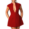 Deep V-neck Small Fly Oversleeve Head Faux Pocket Cinched Pleated Dress