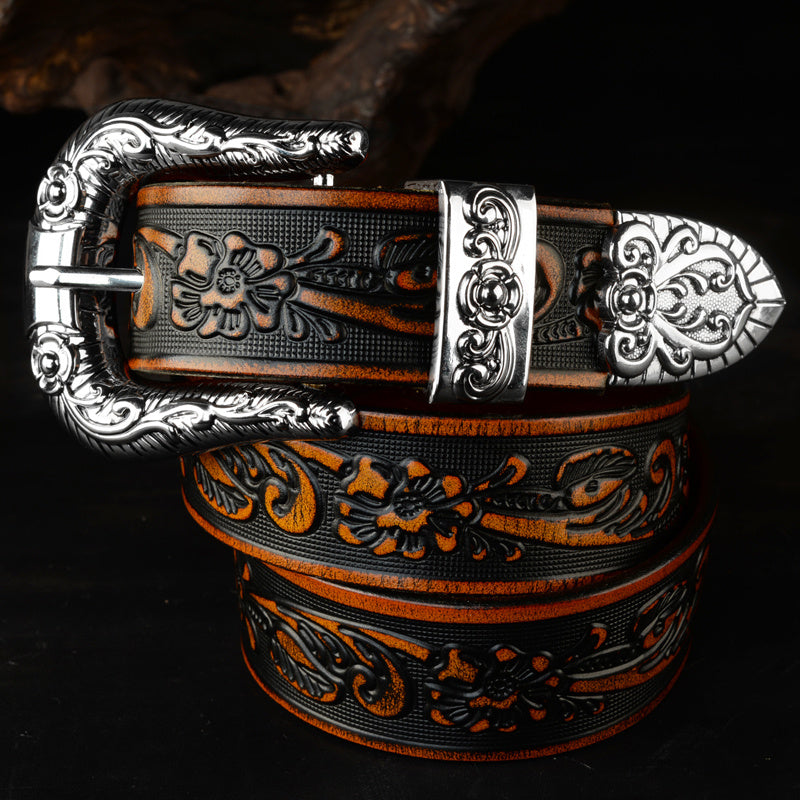 Carved Pin Buckle Leather Belt Head Layer Cowhide Embossed Belt