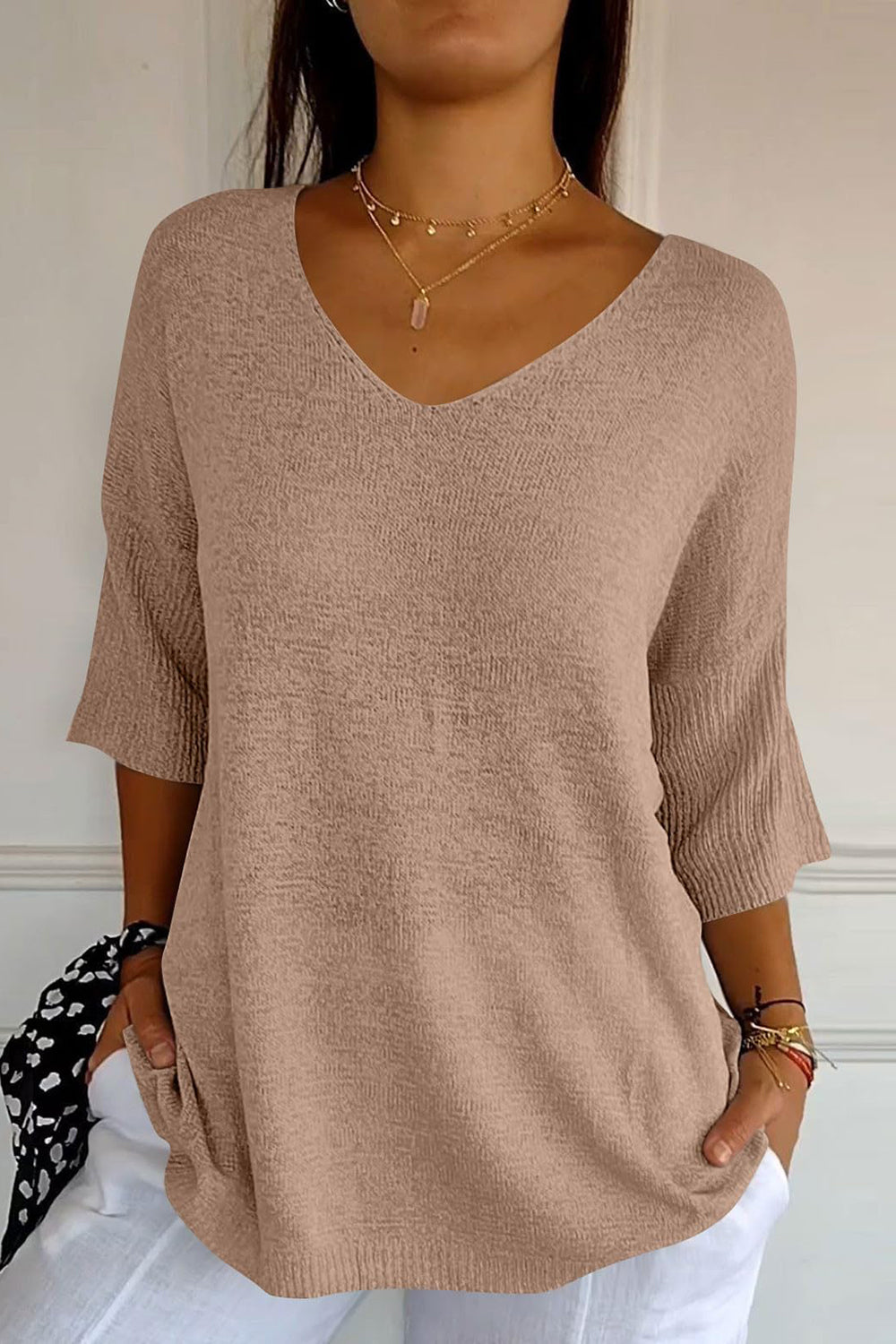 V-Neck Three-Quarter Sleeve Knit Top