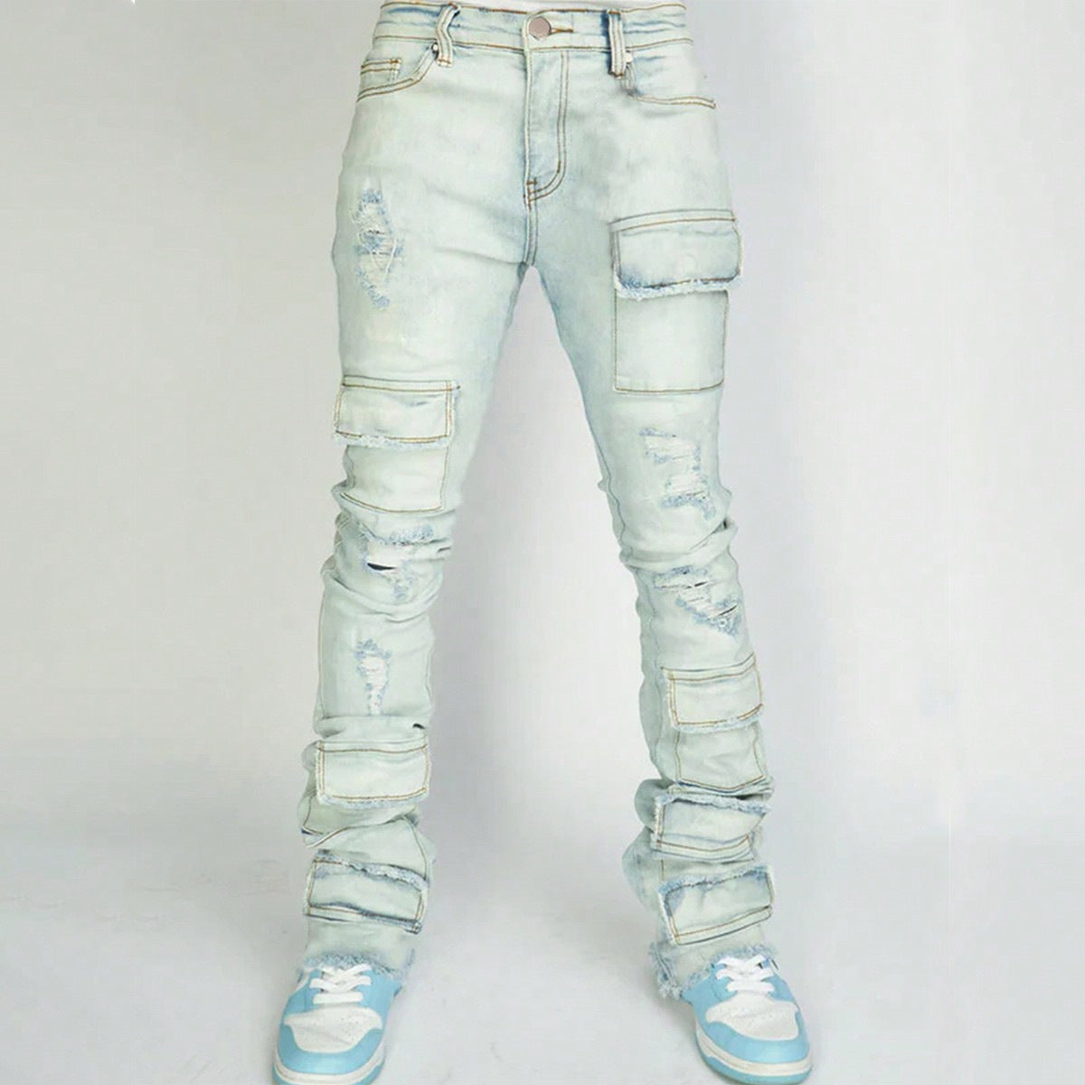 Men's Denim Straight-leg Overalls European And American Fashion Stretch Ripped Laminated Micro-pull Pants