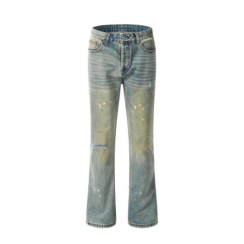 High Street Hole Splash-ink Straight Slightly Flared Washed Worn Jeans