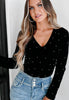 Pearl Detail Velvet V-Neck Long Sleeve Bodysuit