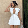 Deep V-neck Small Fly Oversleeve Head Faux Pocket Cinched Pleated Dress