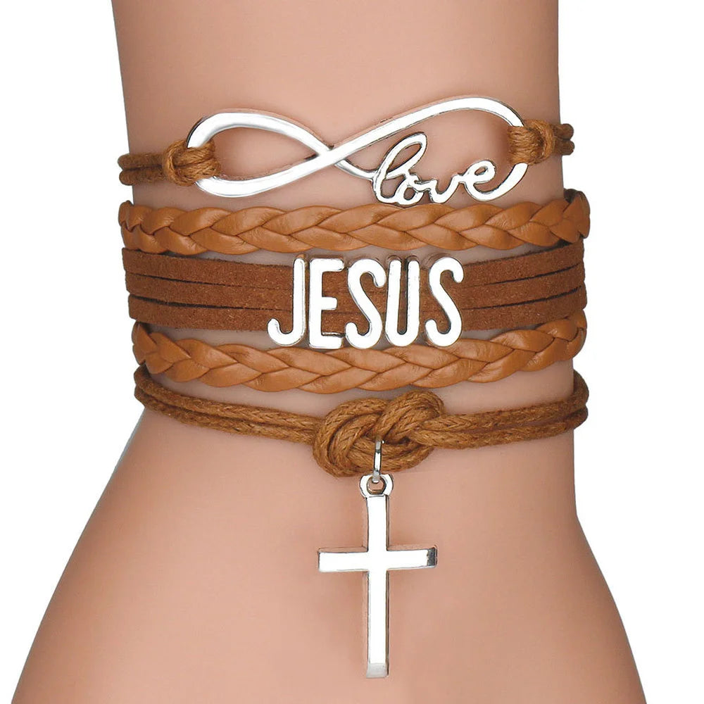 Embrace the Divine: Multilayer Jesus Loves Letter Leather Bracelet - A Testament to Faith and Fashion