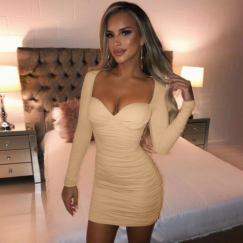 Women's Deep V Tube Top Long Sleeve Slim-fit Pleated Dress