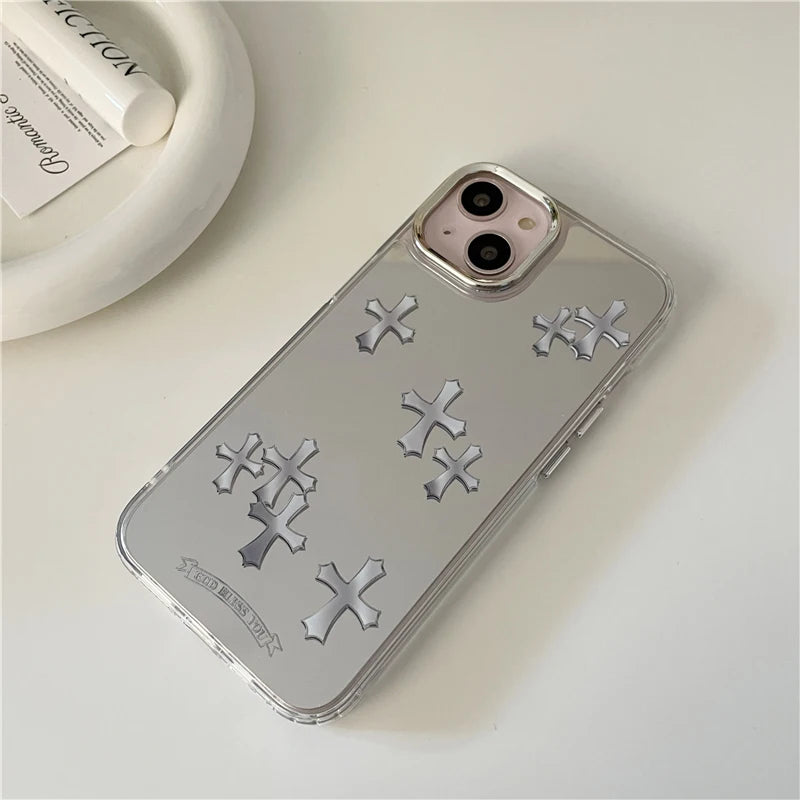 Divine Reflection: Luxury Makeup Mirror Jesus Christ Cross Phone Case for iPhone