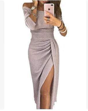 Slit Slash-neck Dress Women Sparkling Slim Long Dress