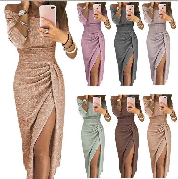 Slit Slash-neck Dress Women Sparkling Slim Long Dress