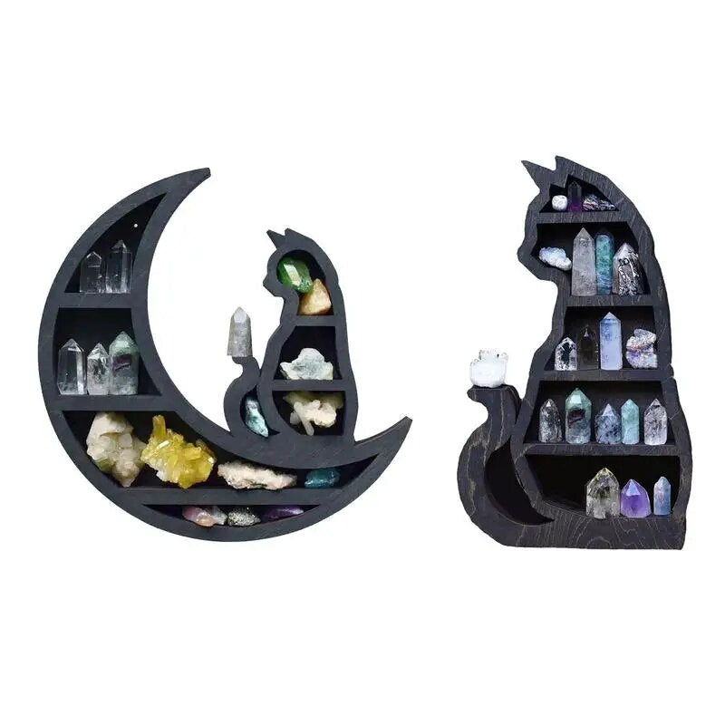 Cat In The Moon Crystal Wooden Shelf - Elevate Your Home Decor with Rabbit Rich