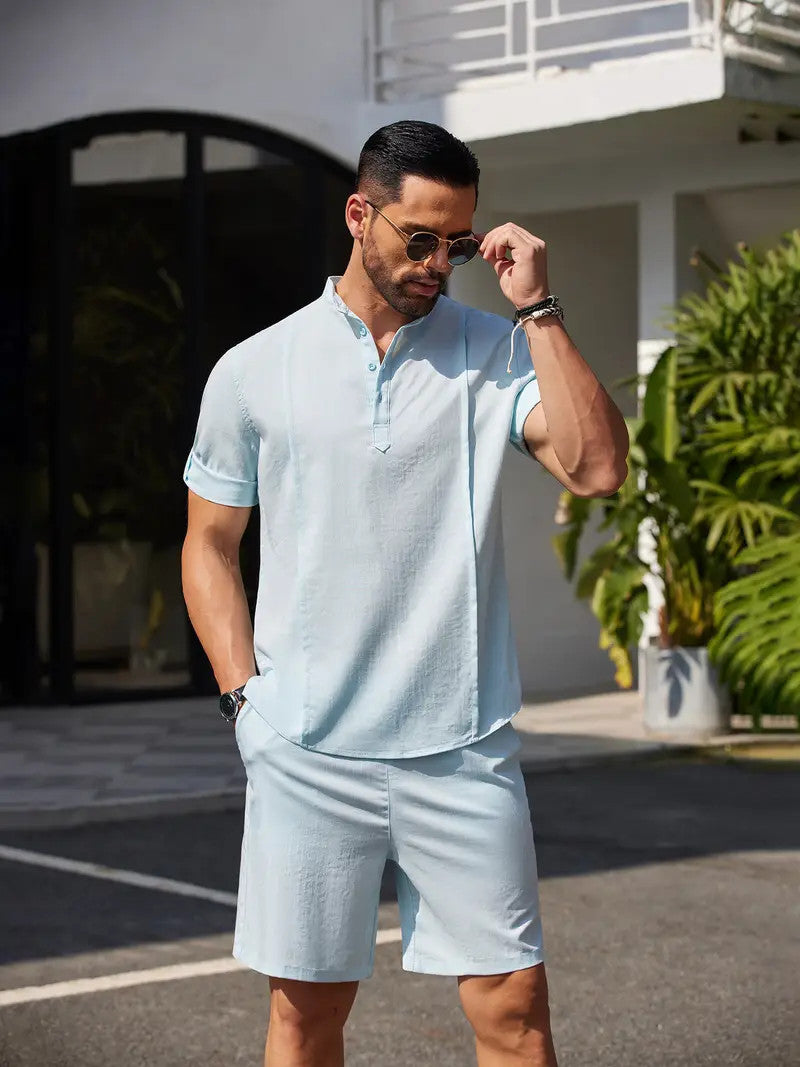 Men's 2 Pieces Linen Set Short Sleeve And Shorts Outfit