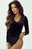 Pearl Detail Velvet V-Neck Long Sleeve Bodysuit