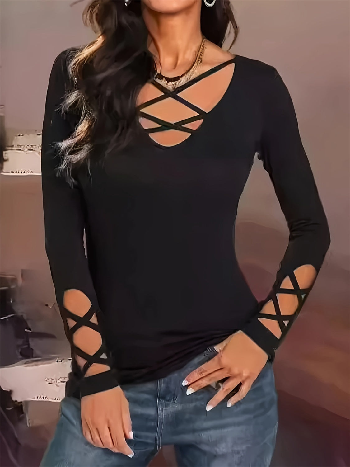 Cutout Crisscross Long Sleeve T-Shirt