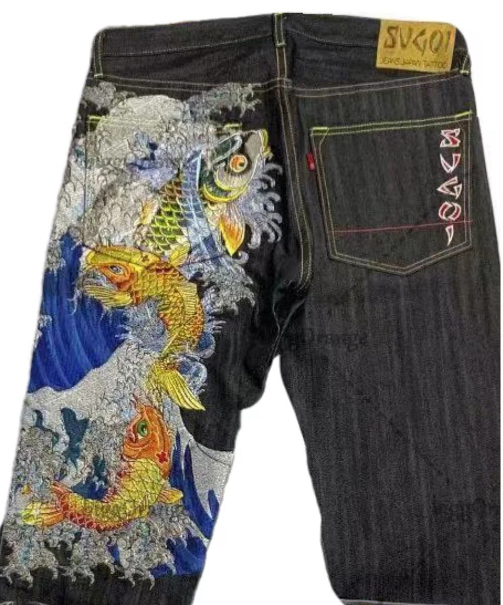 Ukiyo-e Printed Men's Jeans Loose Straight Wide-leg Pants