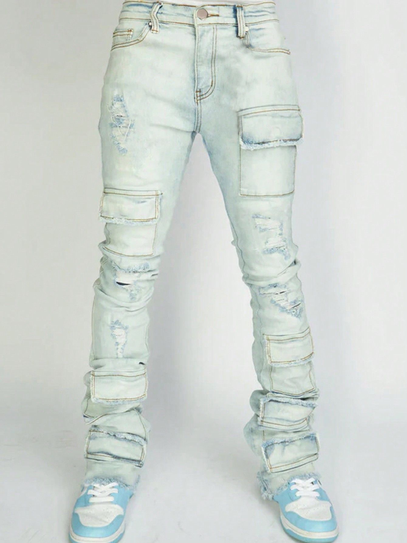 Men's Denim Straight-leg Overalls European And American Fashion Stretch Ripped Laminated Micro-pull Pants