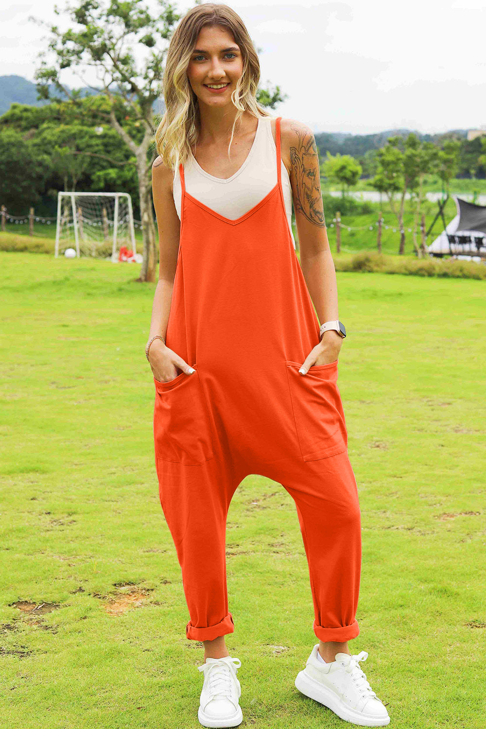 Full Size Sleeveless V-Neck Pocketed Jumpsuit