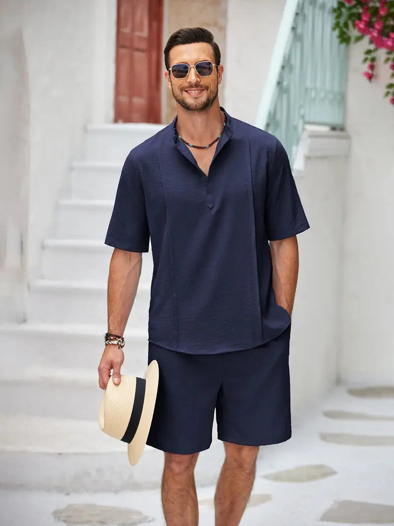 Men's 2 Pieces Linen Set Short Sleeve And Shorts Outfit