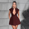 Deep V-neck Small Fly Oversleeve Head Faux Pocket Cinched Pleated Dress