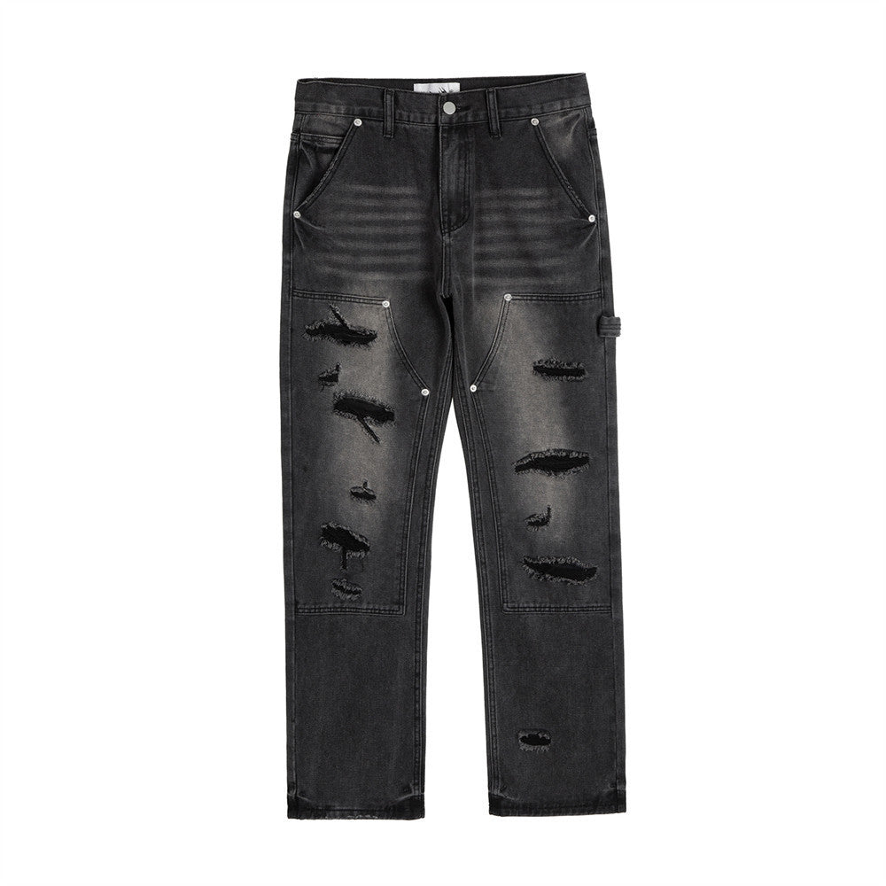 Punk Beggar Ripped Denim Straight-leg Trousers Men