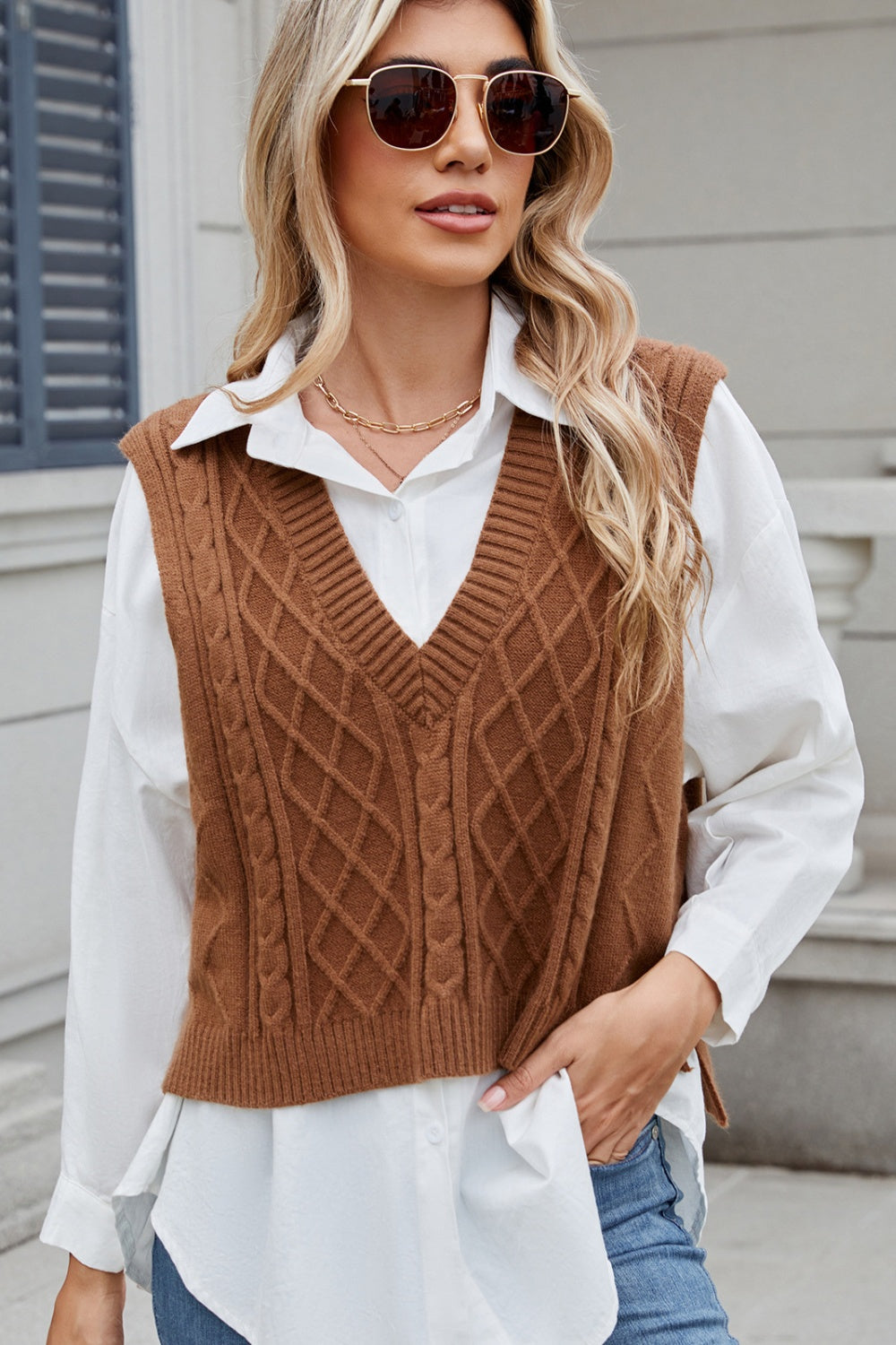 Cable-Knit V-Neck Sweater Vest