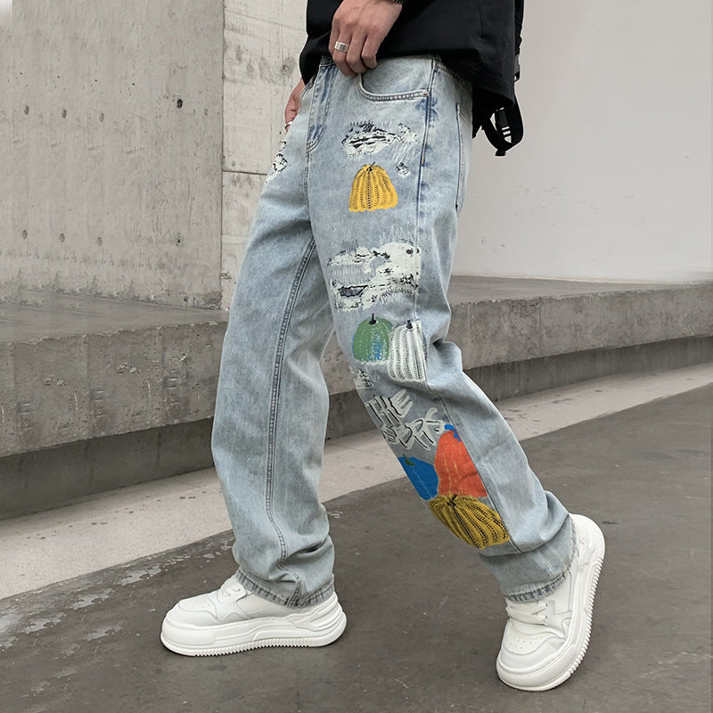 Jeans Fashion Print Loose Straight Trousers