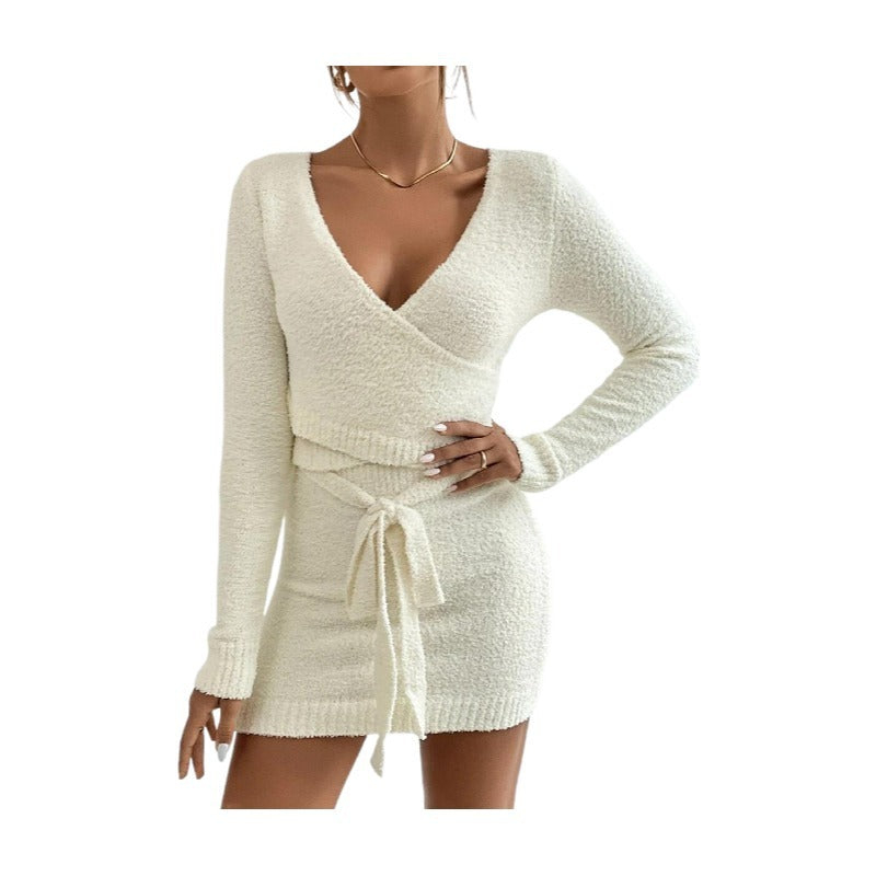 Women's Knitted Solid Color Top Sweater Dress Two-piece Set