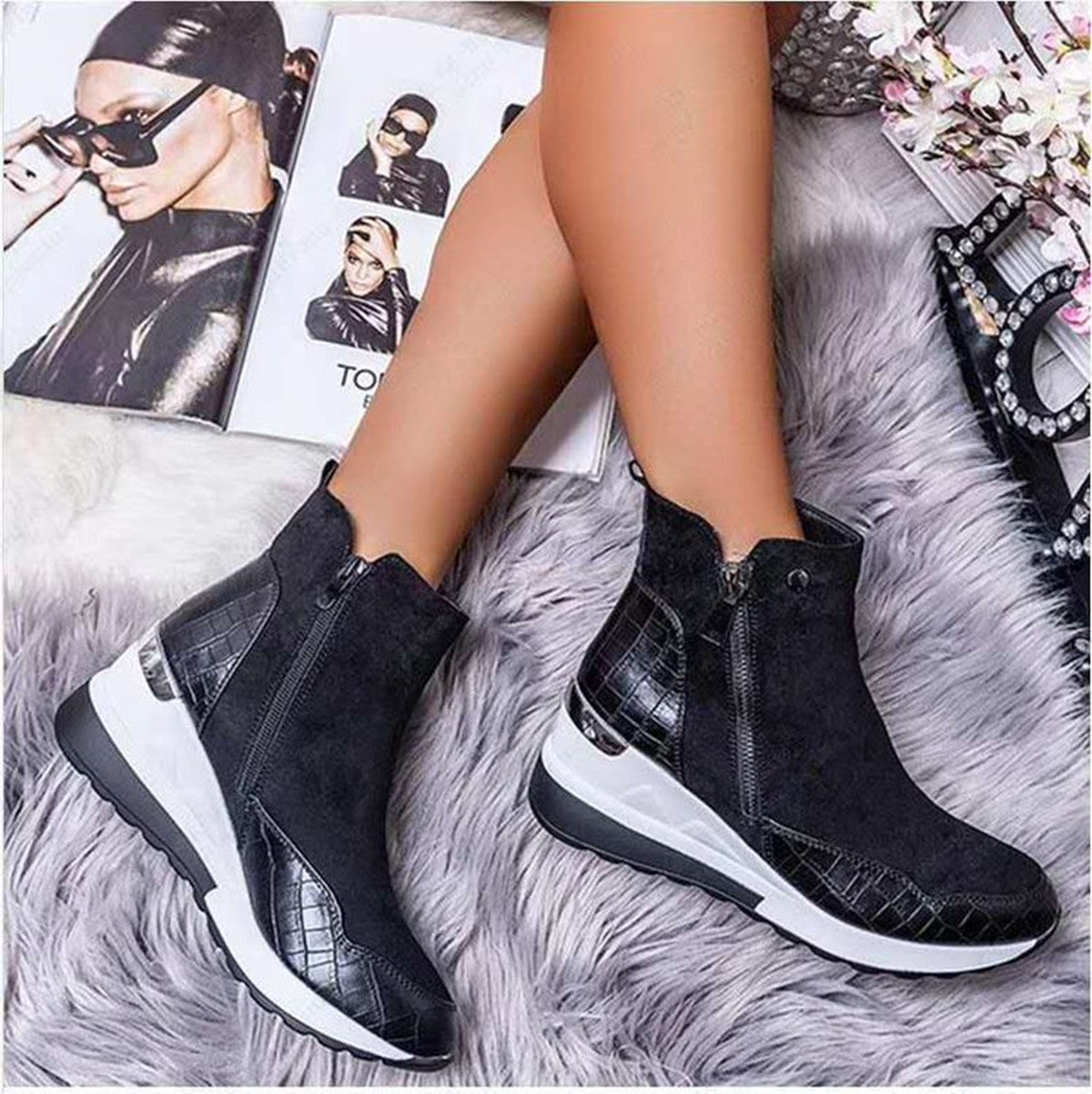 Womens Boots Shoes Wedge  Zipper Platform