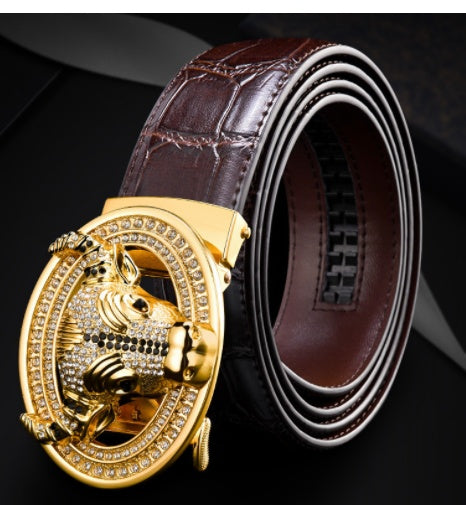 Automatic Buckle  Leather With Diamond-studded  Pattern Bull Head Belt