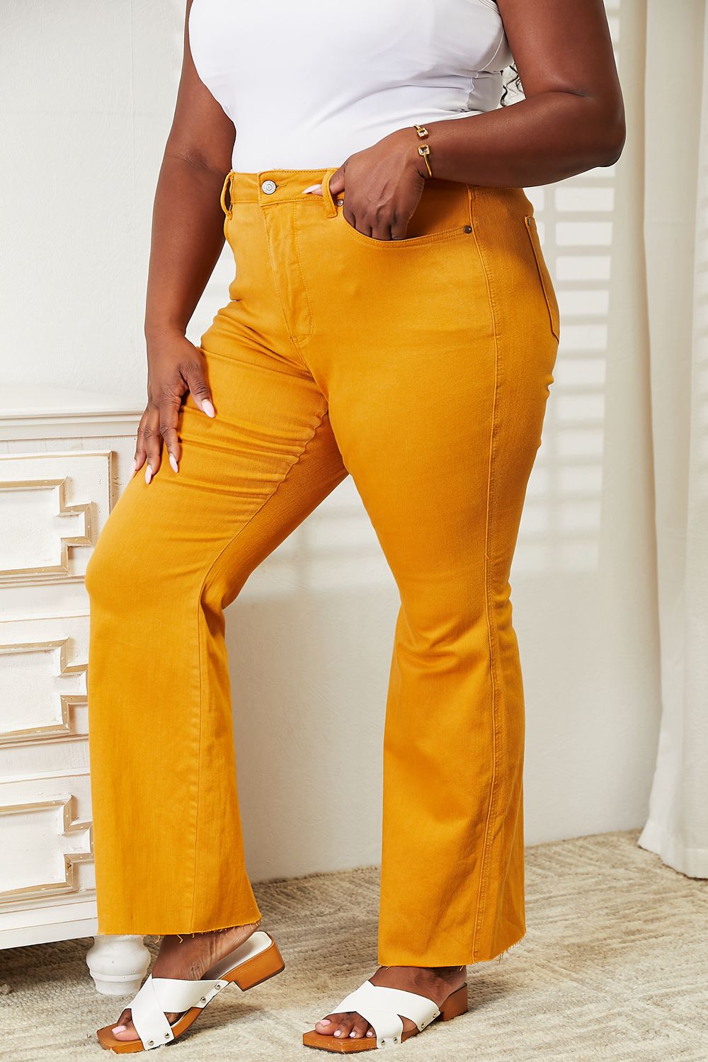 Full Size High Waist Tummy Control Garment Dyed Flare Jeans