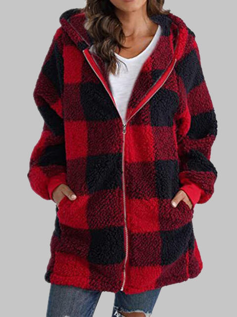 Plaid Zip-Up Hooded Jacket with Pockets