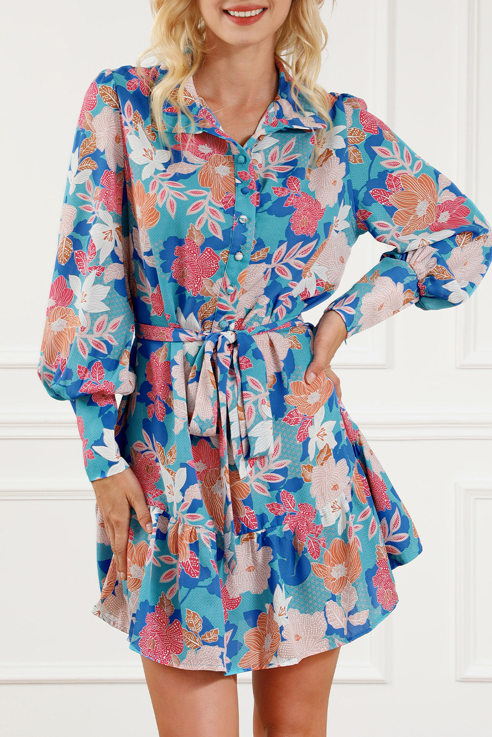 Floral Tie Waist Lantern Sleeve Ruffled Hem Mini Dress