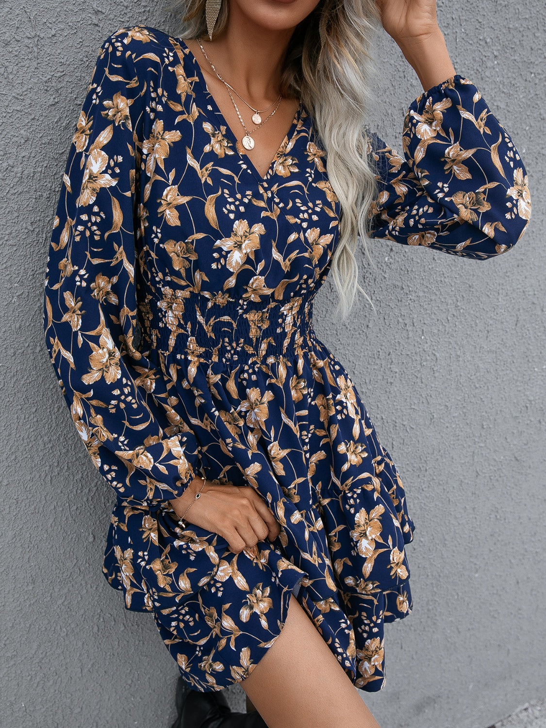 Floral Layered Surplice Balloon Sleeve Dress