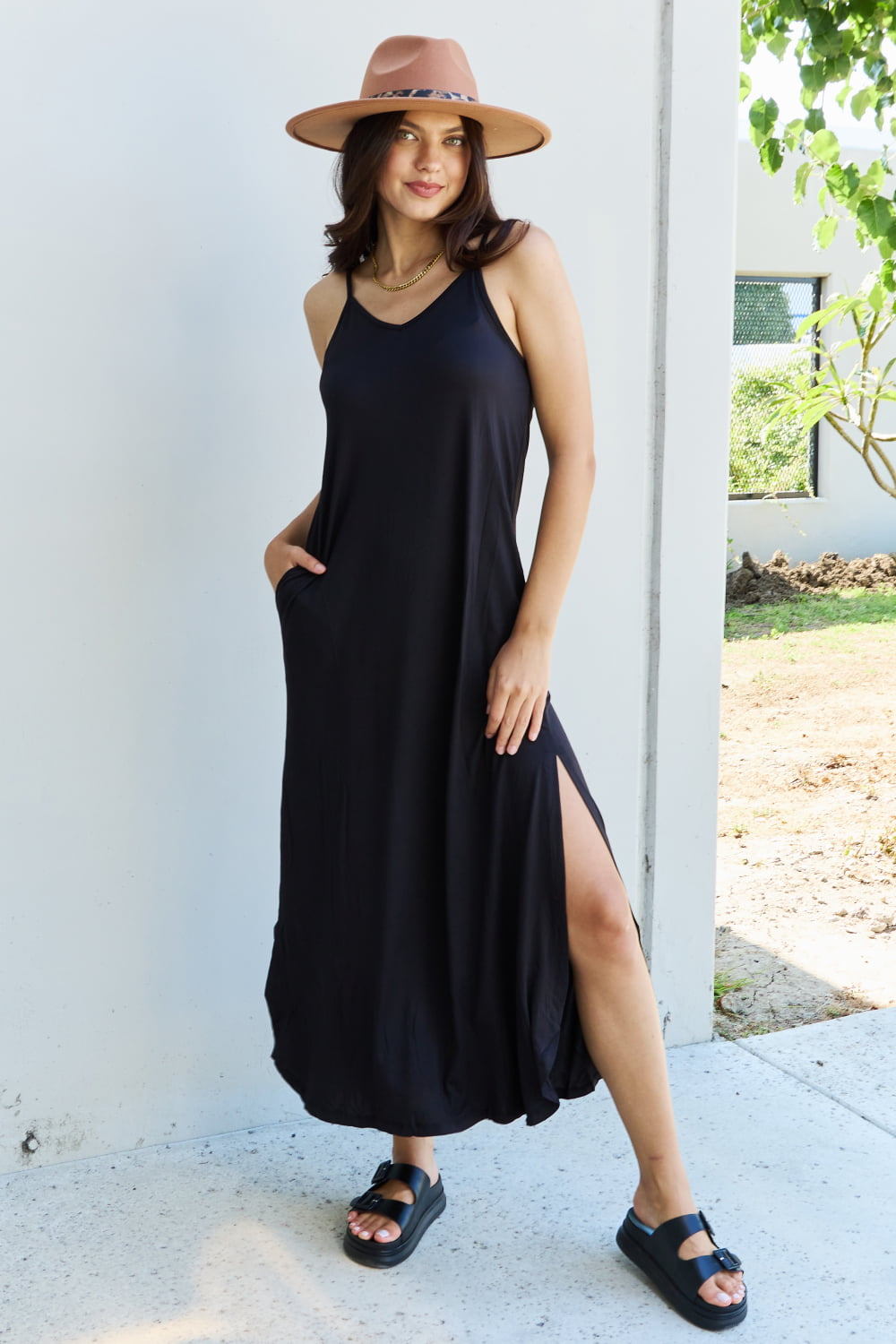 The Good Energy Full Size Cami Side Slit Maxi Dress